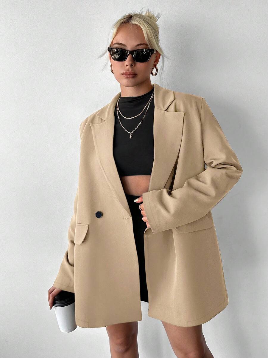 Ritzy Row Women's Casual Oversized Padded Shoulder Mid-Length Double-Breasted Blazer - Camel - View 1