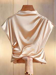 Livesso Áo sơ mi nữ dáng rộng bằng vải satin, cổ cao, dáng xòe. - Màu be - Xem 1