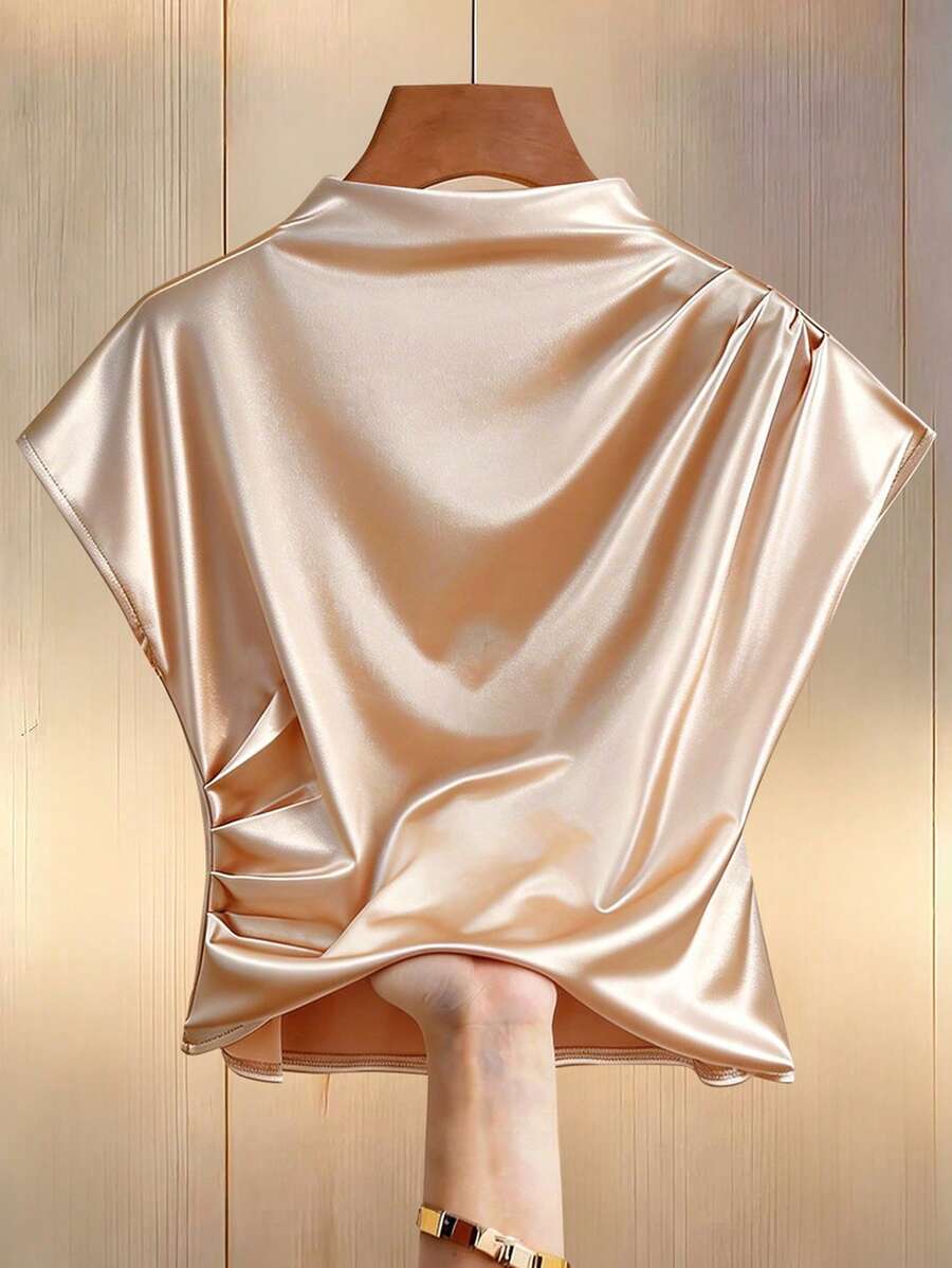 Livesso Áo sơ mi nữ dáng rộng bằng vải satin, cổ cao, dáng xòe. - Màu be - Xem 1