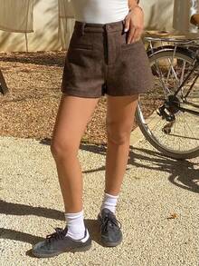Women's Elegant Design Pocket Straight Leg Casual Shorts, Suitable For Office, Commuting, Spring & Autumn - Brown - View 4