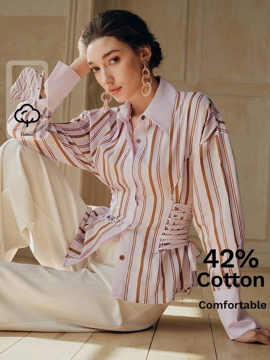 Anewsta 女士混纺棉彩色条纹优雅落肩长袖系带衬衫，侧边系带腰身设计，时尚显瘦，适合春夏、休闲、工作、上学等场合。 - 彩色 - 查看 1