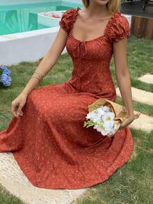 DAZY Women's Square Neck Ditsy Floral Red Puff Sleeve Midi Dress Summer Sundress - Dark Red - View 9