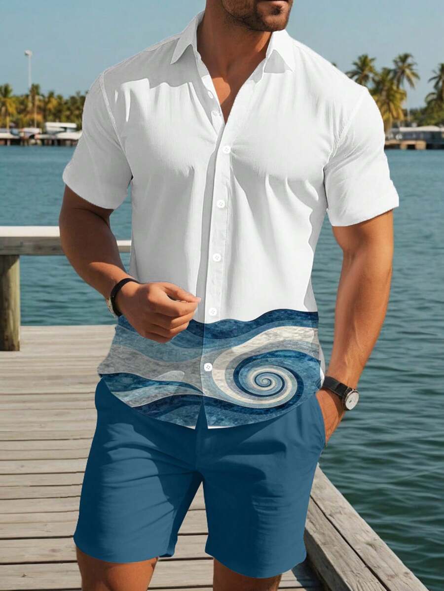 Genlund Conjunto casual de camisa de manga corta con estampado y pantalones cortos de un solo abotonadura para hombre - Multicolor - Ver 1