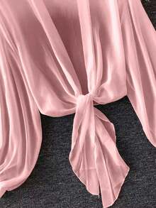 Enliva Women's Plus Size Lightweight Lantern Sleeve Tie Waist Open Front Jacket, Summer Winter Fall Autumn, For Apple And Rounded Body Shape - Pink - View 5