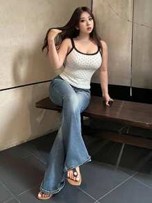 Dazy Plus Street Style Tight Fitting Polka Dot Lace Patchwork Plus Size Women Tank Top, Spring/Summer - Black and White - View 3