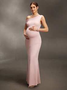 Cheriluna Maternity Asymmetric Shoulder Backless Tie Dress, Sexy Minimalist Maternity Photoshoot - Pink - View 4