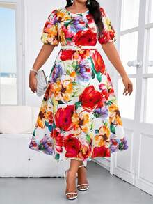 SHEIN Lady 大码女式印花圆领短袖褶皱设计优雅连衣裙玫瑰连衣裙花卉婚礼宾客连衣裙花园派对连衣裙肯塔基德比连衣裙花卉连衣裙红色女式连衣裙粉色连衣裙春季连衣裙沙滩连衣裙情人节女式印花连衣裙花卉长裙春季女装 - 彩色 - 查看 5