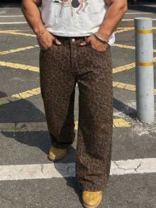DAZY Plus Size Men's Leopard Print Long Denim Jeans, Suitable For Spring And Autumn - Khaki - View 4
