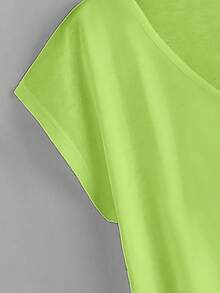 EMERY ROSE Women's Neon Green V-Neck Casual Loose Short Sleeve T-Shirt - Green - View 4