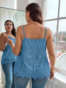 Reflora Plus Size Women Floral Lace Camisole - Mint Blue - View 2