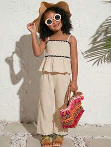 少女褶皱吊带背心和阔腿裤休闲装 - 杏色 - 查看 7