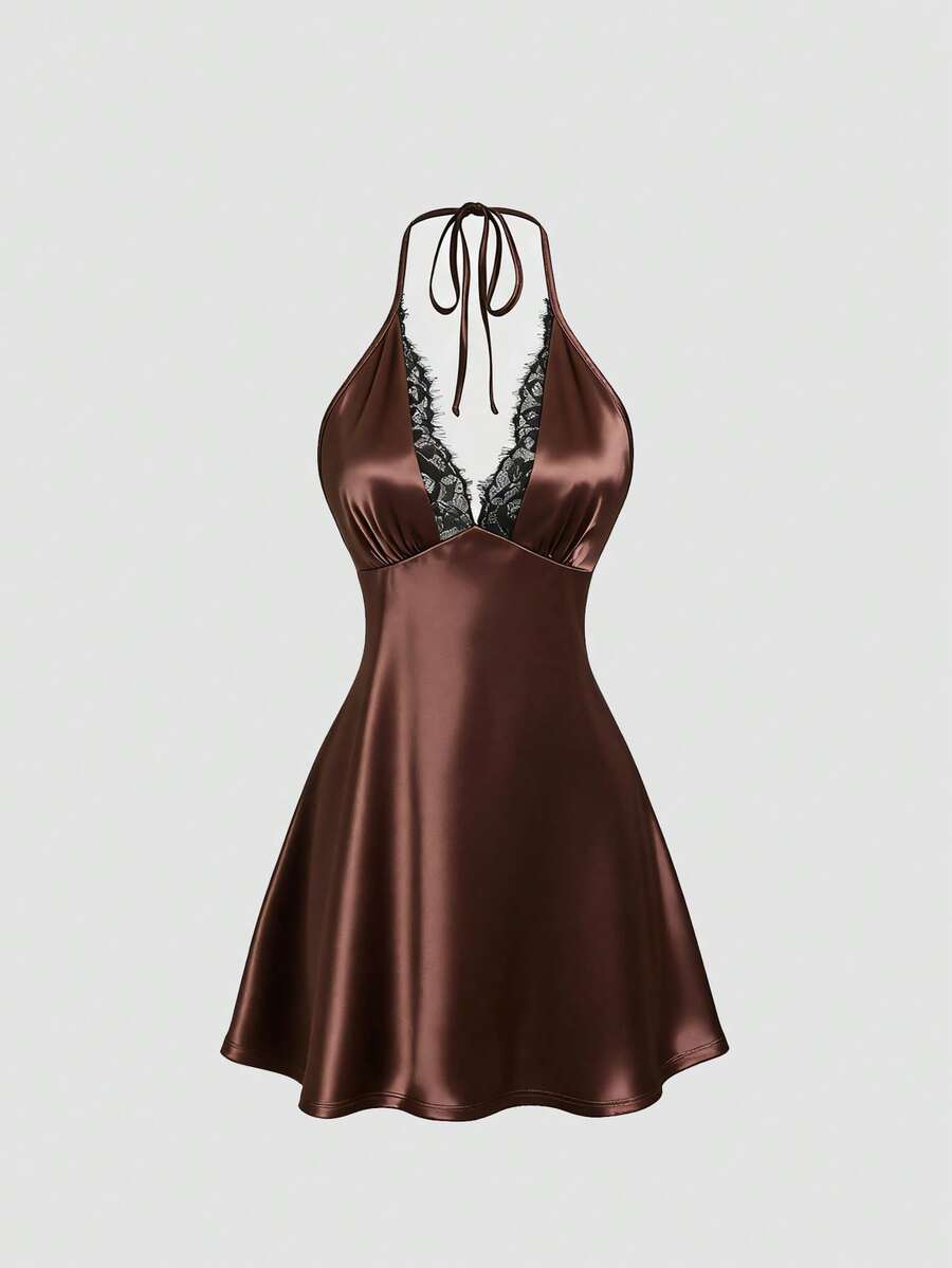 Sweetra Y2K Sexy Lace Patchwork Elegant A-Line Party Versatile Dress - Coffee - View 1