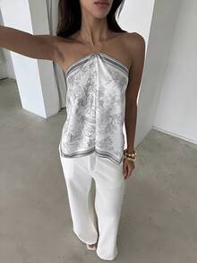 Aloruh 女士优雅扎染雪纺印花露背沙滩度假上衣 - 灰色 - 查看 6