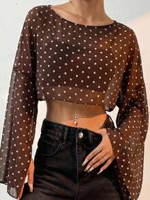 SHEIN EZwear Khaki Chiffon Polka Dot Women's Round Neck Slit Sleeve Cropped Shirt - Coffee Brown - View 1