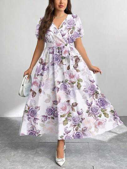 Modelyn CURVE Đầm dáng rộng, tối giản, họa tiết hoa retro, cỡ lớn, thích hợp cho mùa thu/đông.