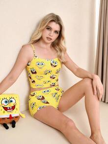 SpongeBob SquarePants | SHEIN 女士修身可爱卡通印花夏季休闲睡衣套装，X - 黃色 - 查看 6
