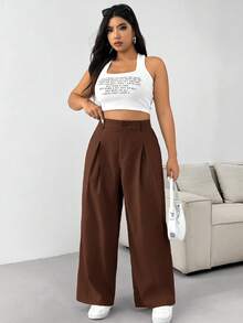 Solflare Plus Size Solid Color Button Casual Wide Leg Pants, Suitable For Graduation, Back To School, Teacher Outfits For Women, Rust Brown - Rust Brown - View 6