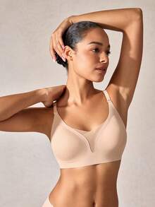 女士无缝无钢圈透气可调节网眼文胸，秋季 - 卡其色 - 查看 2