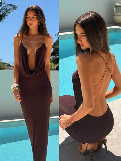 Aloruh Vestido maxi ajustado con cuello profundo drapeado, espalda descubierta y malla de color púrpura ciruela sexy para fiestas y festivales de música