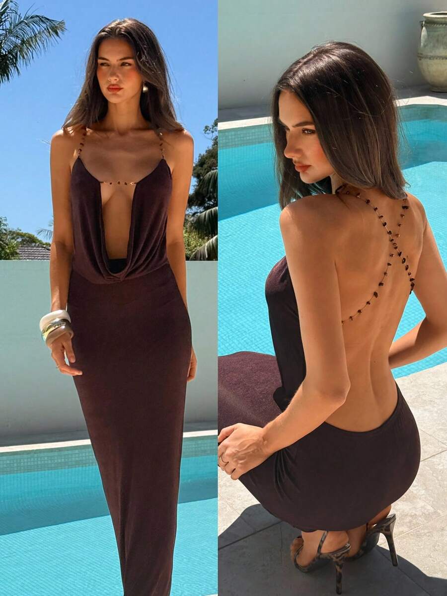 Aloruh Mesh Plum Purple Sexy Backless Deep Draped Neck Maxi Bodycon Dress For Party, Music Festival
