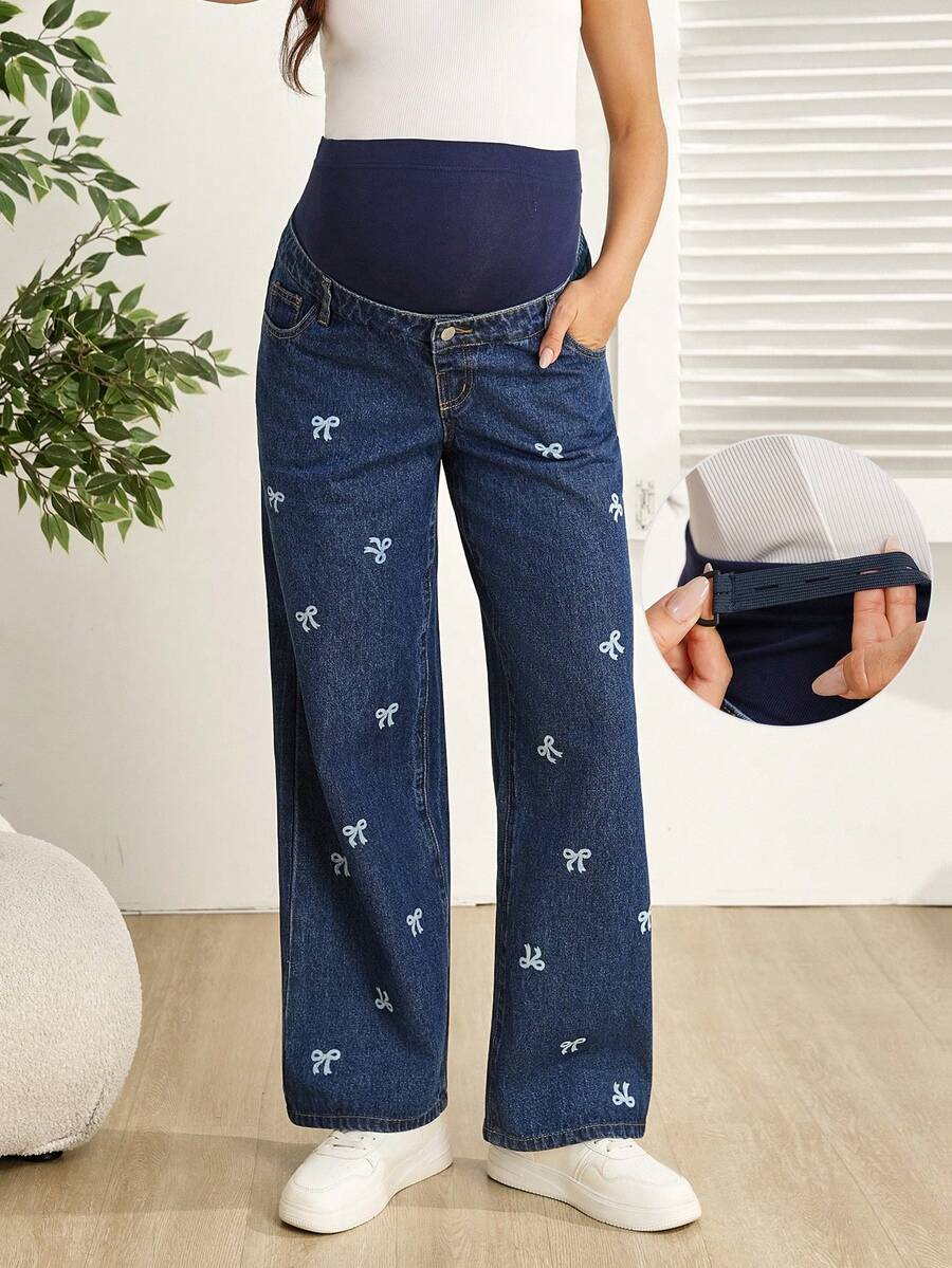 SHEIN Quần jeans bầu màu xanh dương kiểu dáng thường ngày, thêu nơ, thời trang cho mùa xuân và mùa hè. - Màu xanh lam - Xem 1