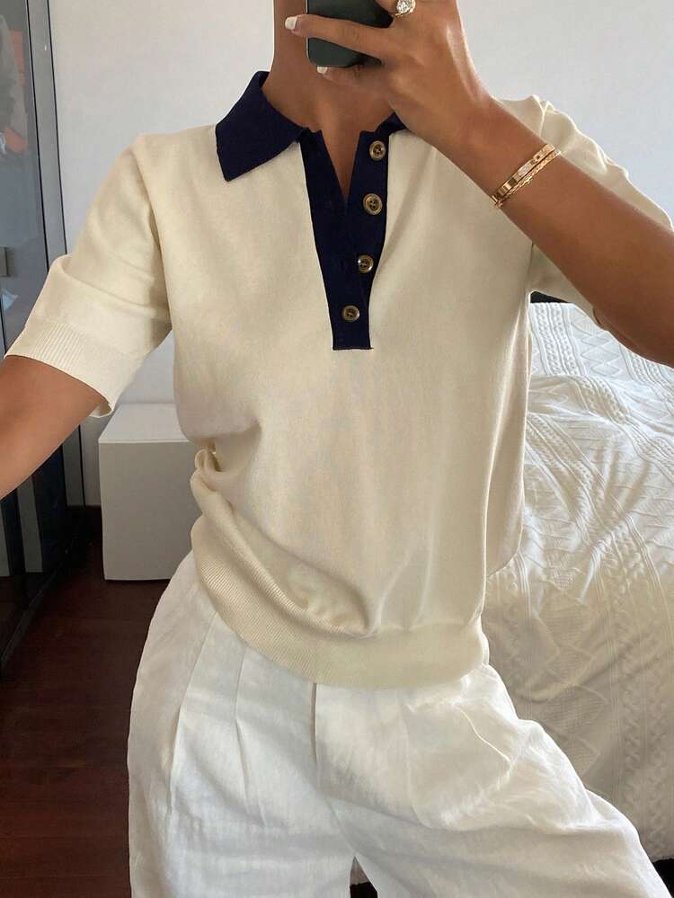 Women's Patchwork Contrast Color Collared Short Sleeve Casual Vacation Lightweight Knit Top, Summer