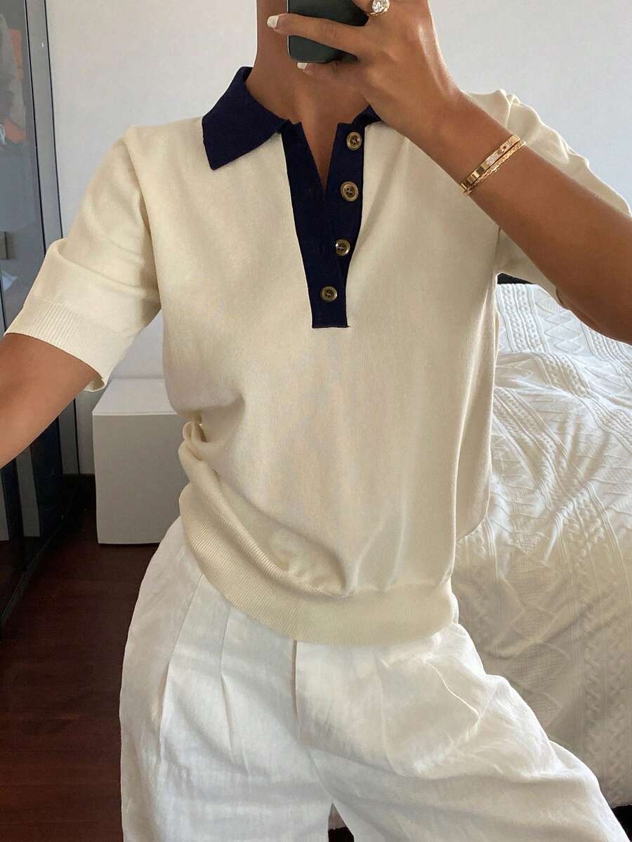 DAZY Women's Patchwork Contrast Color Collared Short Sleeve Casual Vacation Lightweight Knit Top, Summer - White - View 1