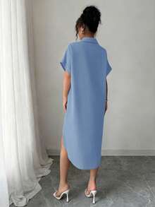 Chiquease Casual Cartoon Print Button Front Dress, Summer - Dusty Blue - View 2