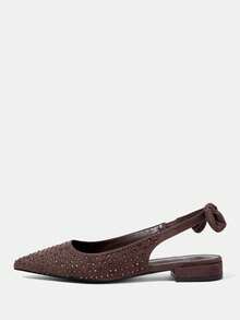 CUCCOO HITCHD 欧美新款时尚棕色水钻绒面尖头平底女鞋，后系带蝴蝶结套脚鞋，百搭舒适，优雅时尚，超大号精美凉鞋 - 咖啡 - 查看 8