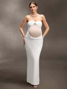 Cheriluna Maternity 女士纯色抹胸长裙，优雅孕妇写真 - 白色 - 查看 4