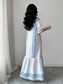 Al Najma Đầm nữ dáng rộng tay ngắn kẻ sọc xanh trắng bằng vải lanh, kiểu dáng nghỉ dưỡng Ả Rập, thích hợp cho mùa xuân/hè. - Màu xanh lam - Xem 2