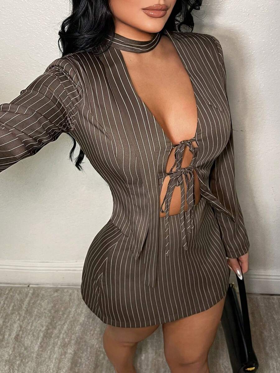 SHEIN SXY 女士商务休闲条纹长袖系带外套和裙子套装，棕色两件套，高个子两件套，裤装两件套，Y2K两件套，棕色两件套，时尚女装，商务休闲女装，外出，棕色秋冬女装 - 棕色 - 查看 1