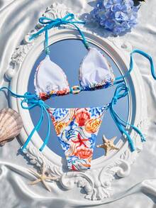 Swim Vcay 夏季海滩度假女士海洋印花挂脖三角比基尼套装，侧系带泳裤 - 彩色 - 查看 4