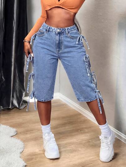 Slaydiva Jeans de mezclilla casual de mujer con abertura lateral y lazo