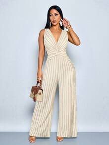 SOLERSUN Bộ jumpsuit không tay kẻ sọc cổ chữ V sâu, thắt nút xoắn, phong cách nghỉ dưỡng mùa xuân/hè thanh lịch dành cho nữ, thích hợp mặc hàng ngày khi đi nghỉ ở Hawaii. - Màu be - Xem 5