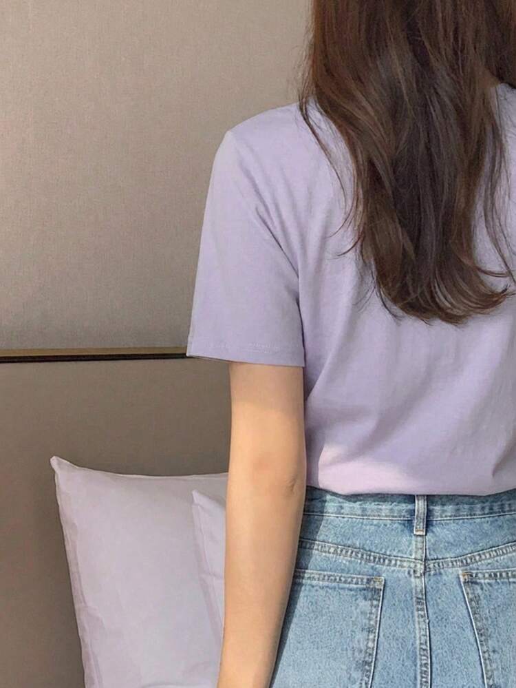 Women's Casual Floral Embroidery Round Neck Short Sleeve T-Shirt, Summer