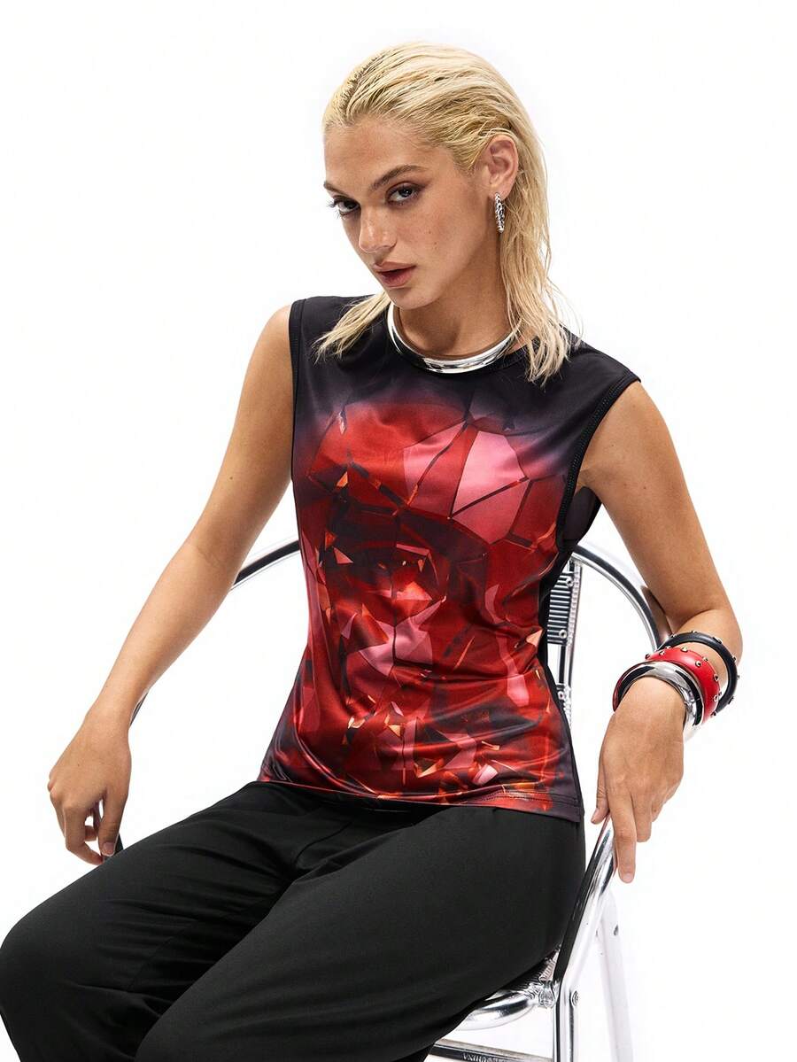 Rest Era 2pcs/Set Minimalist Round Neck Sleeveless Long Tank Top,Black And Red,Summer,Flower Power,Lounge,Retro Letter Graphic,Unisex Casual Streetwear Outfit - Multicolor - View 1