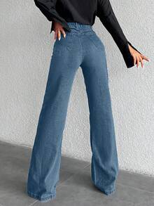 EURMUSE 100%Cotton High Waist Wide Leg Jeans - Dusty Blue - View 2