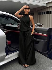 Muchica 女士夏季新款黑色吊带背心搭配灯笼裤休闲度假套装，适合外出、街头穿搭、Y2K风格 - 黑色 - 查看 1