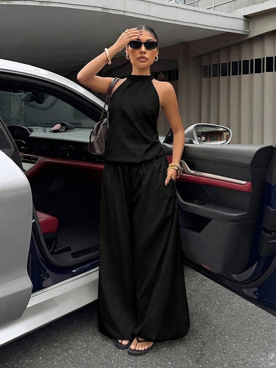 Muchica 女士夏季新款黑色吊带背心搭配灯笼裤休闲度假套装，适合外出、街头穿搭、Y2K风格 - 黑色 - 查看 1