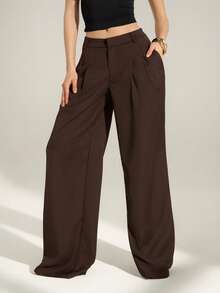 SHEIN Tall Quần ống rộng xếp ly cạp cao phong cách công sở sang trọng, thanh lịch – Quần tây dáng suông màu trơn, trang phục công sở chuyên nghiệp, quần tây công sở may đo thời trang dành cho nữ. - màu nâu - Xem 5