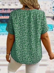 EMERY ROSE 大码圆领短袖碎花宽松休闲衬衫，夏季 - 墨綠色 - 查看 2