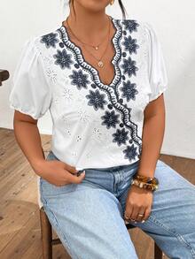 大码女式印花休闲百搭日常衬衫 - 藍白色 - 查看 6