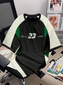 Manfinity Campus Court Plus Size Men's Letter Print Short Sleeve Casual Colorblock T-Shirt - Green - View 3