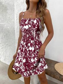 Breezaya Vestido mini con tirantes estampado floral vintage, elegante y versátil para vacaciones que estiliza y ilumina - Rojo - Ver 6