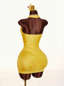 Amplova Damklänning med halterneck och vridning för stranden, ihålig och rygglös - Ljusgul - Visa 9