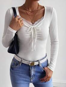 FRIFUL Women's Solid Color Lace Twist Design Ruched Casual Versatile Commute Long Sleeve T-Shirt - White - View 12