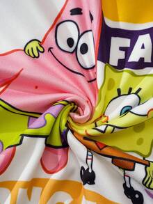 SpongeBob SquarePants | SHEIN 2件套休闲男童撞色条纹卡通印花圆领插肩袖紧身短袖上衣和裤子家居服套装 - 彩色 - 查看 6
