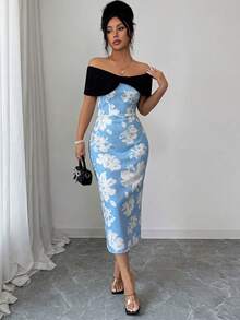 SHEIN Elenzya 露肩蝴蝶结撞色腰身修身印花面料优雅浪漫简约女式连衣裙 - 淺藍色 - 查看 6