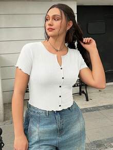 GalTyme White V-Neck Solid Color Short Sleeve Fitted T-Shirt, Plus Size - White - View 4